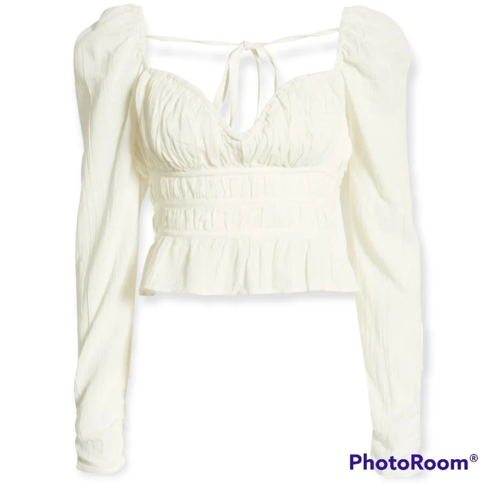 NWT Free People Chloe Smocked Puff Sleeve Top M White